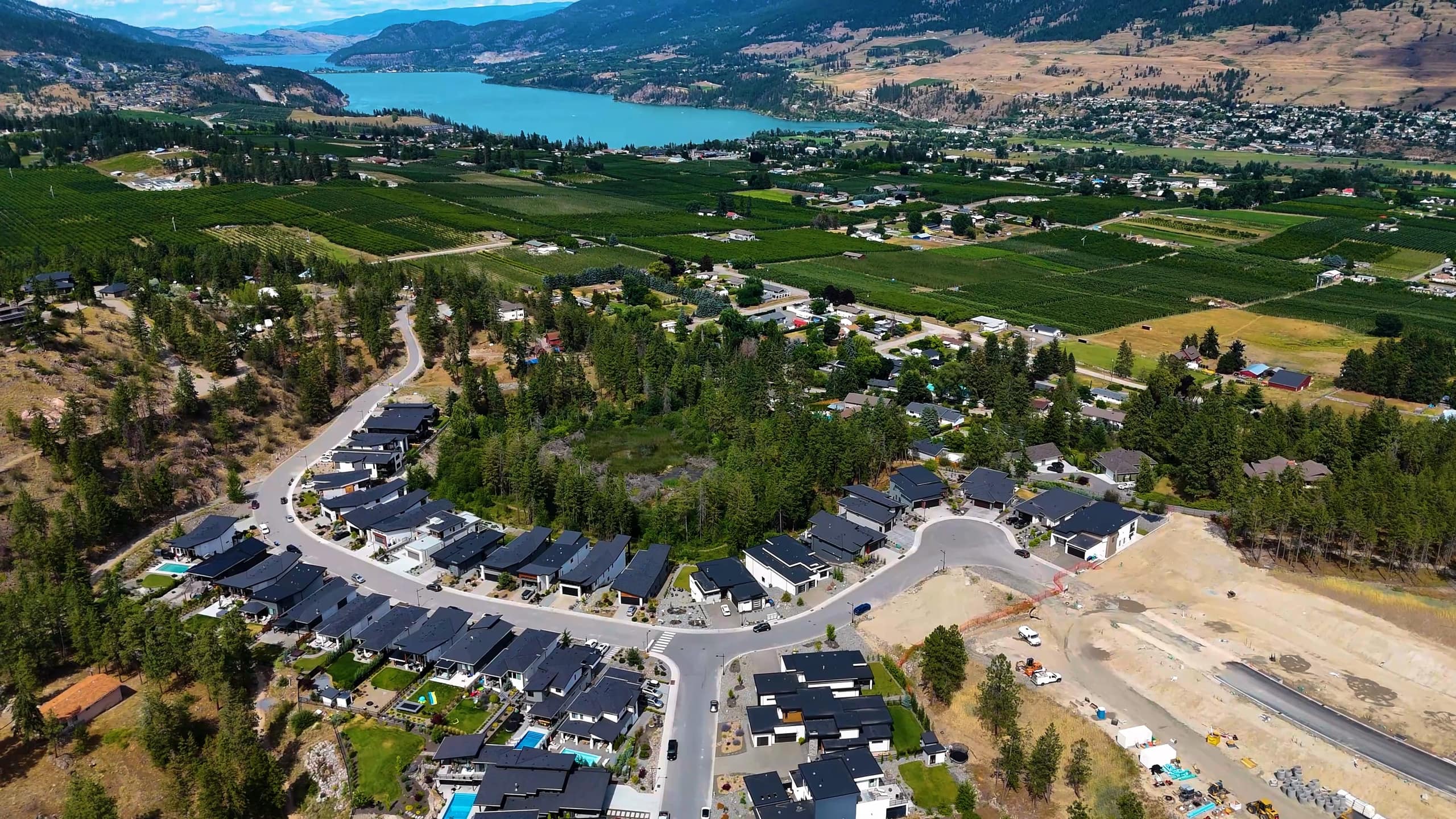 The streets around 10245 Beacon Hill Drive from the air, with Winfield's orchards and Wood Lake beyond