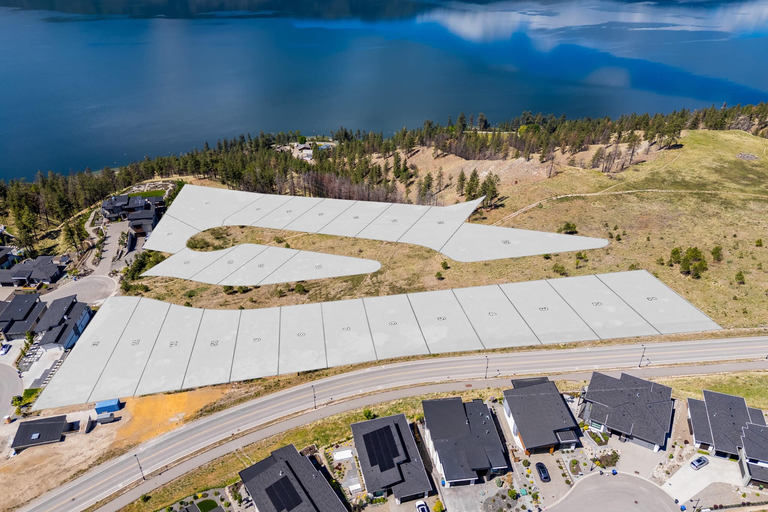 The Tyndall Bench homesites drawn and numbered over an aerial photograph, along the road above Lakestone